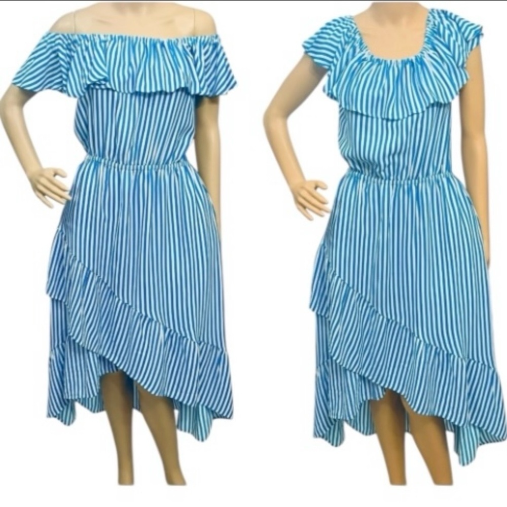 Tommy Bahama Dress Palm Party Off-The-Shoulder Flounce Midi Blue Stripes XS $138